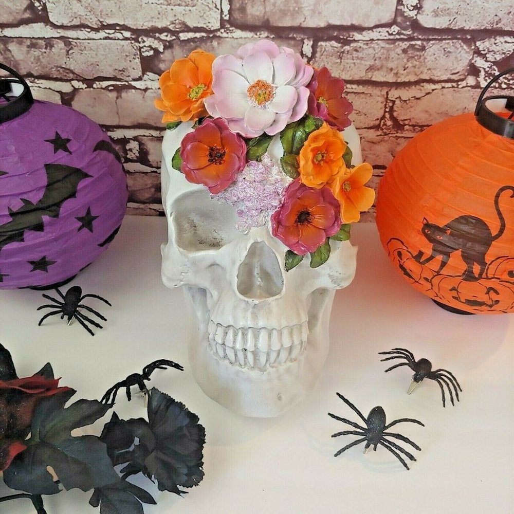 Floral Sugar Skull Decor - White Skull with Pink & Orange Flowers